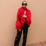 East End Leather Shearling Jacket in Ruby - Mode & Affaire