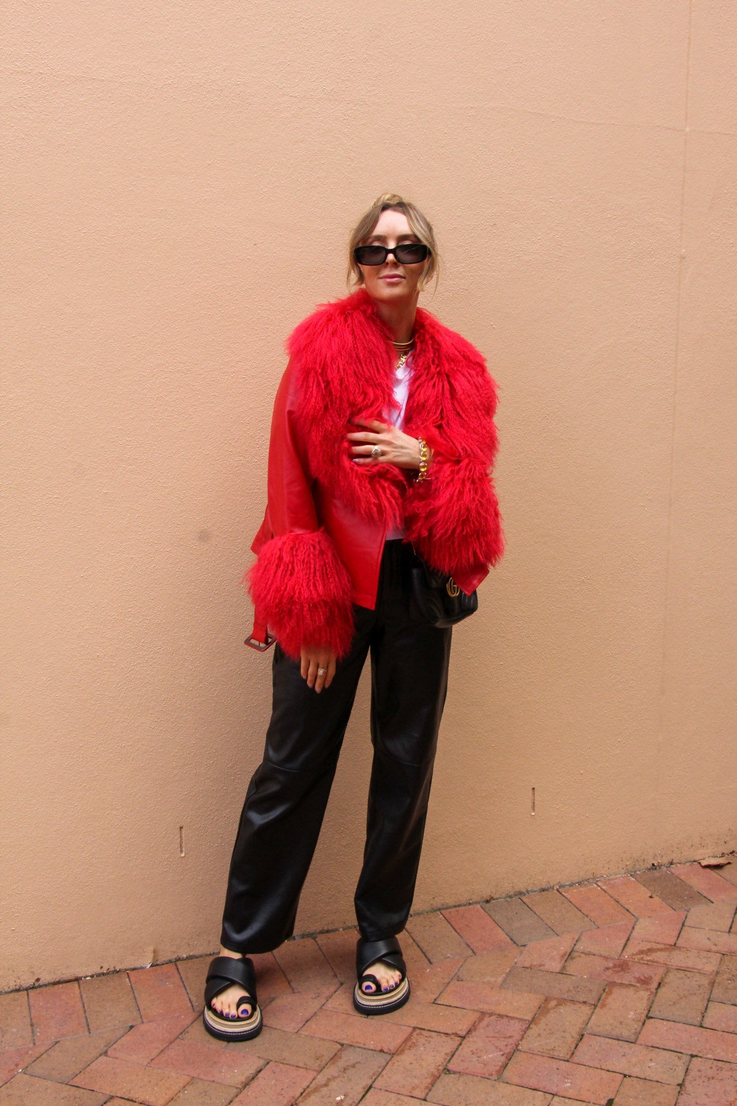 East End Leather Shearling Jacket in Ruby - Mode & Affaire