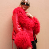 East End Leather Shearling Jacket in Ruby - Mode & Affaire