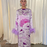 Lilac Dreams Long Sleeve Dress with Feather Cuffs - Mode & Affaire