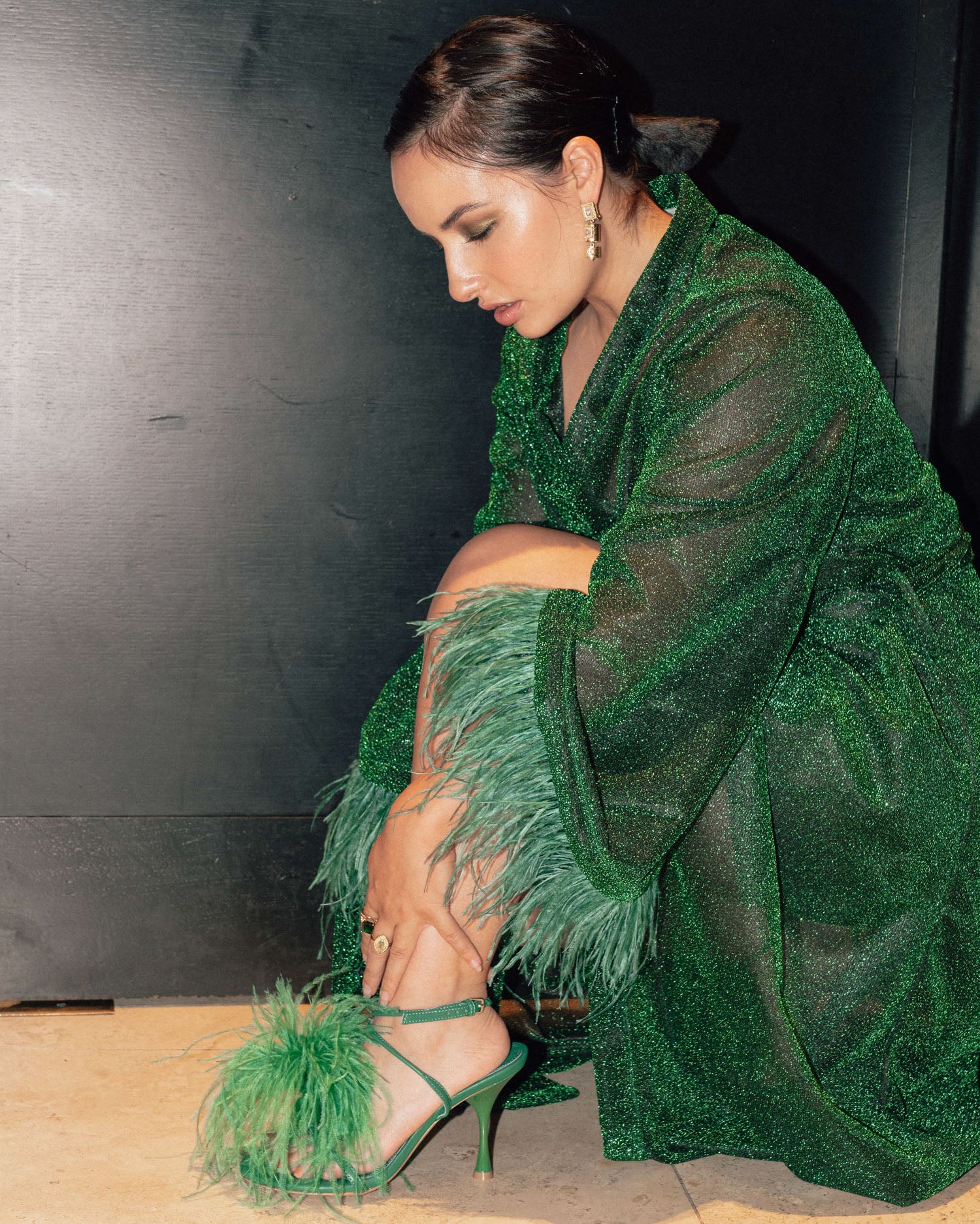 Ostrich Feather Heels in Jade - Mode & Affaire